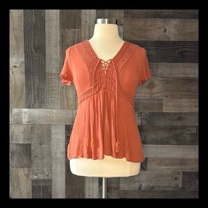 torrid Rust Orange Lace-Up Crochet Trim Short Sleeve Blouse